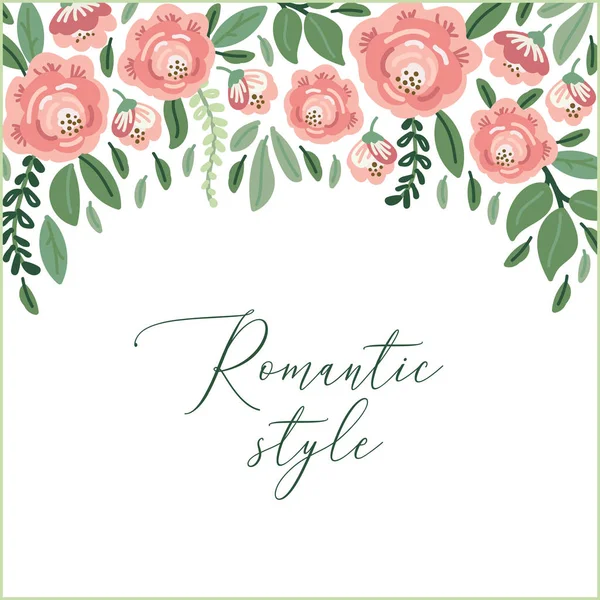Cute botanical theme floral background with bouquets of hand drawn rustic roses and leaves branches in neutral colors — Stok Vektör