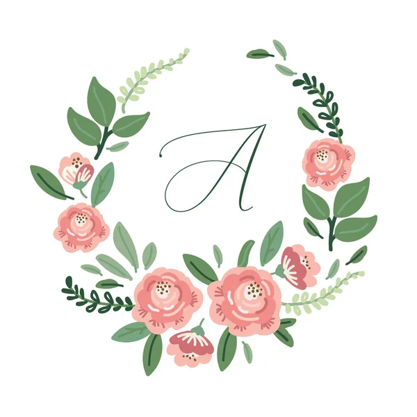 Cute botanical theme floral frame background with bouquets of hand drawn rustic roses and leaves branches in neutral colors — ストックベクタ