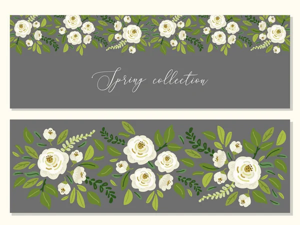 Mignon ensemble de thème botanique de fond floral avec des bouquets de fleurs de roses blanches dessinées à la main et branches de feuilles vertes — Image vectorielle