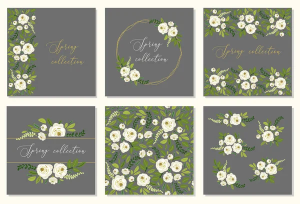 Mignon ensemble de thème botanique de cadre floral avec des bouquets de roses blanches rustiques dessinées à la main et des branches de feuilles vertes — Image vectorielle