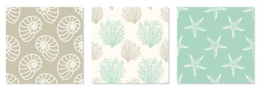 Set of seamless patterns with hand drawn seashells, neutral colors marine theme vector illustration in minimal scandinavian style