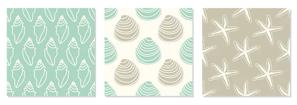 Set of seamless patterns with hand drawn seashells, neutral colors marine theme vector illustration in minimal scandinavian style — Stok Vektör