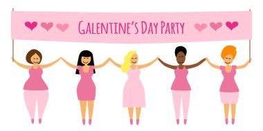 Galentines Günü Partisi afişi, el çizimi, gülümseyen feminist kız arkadaşlar, tebrik kartı, poster vesaire için kullanılabilir