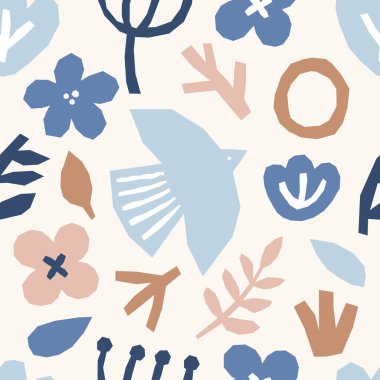 Beyaz zemin üzerinde organik şekillerin soyut kolajı, minimal düz stil vektör illüstrasyonuyla şirin, pürüzsüz desen