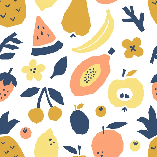 Lindo fondo abstracto sin costuras con collage de frutas, imitación de piezas de papel cortadas, estilo de diseño gráfico minimalista de moda — Vector de stock