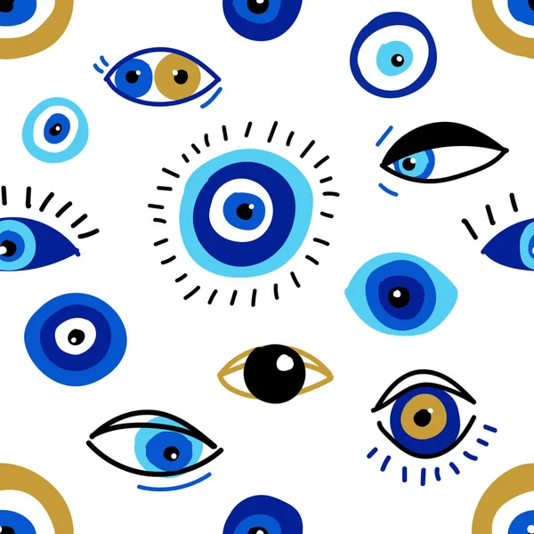 Seamless pattern with evil eyes, different talismans in hand drawn flat design, contemporary modern trendy style Vector Graphics
