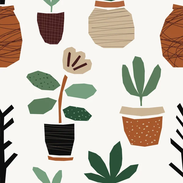Padrão sem costura na moda com papel abstrato recortado colagem de formas orgânicas como plantas em vasos, ilustração vetorial em estilo plano mínimo — Vetor de Stock
