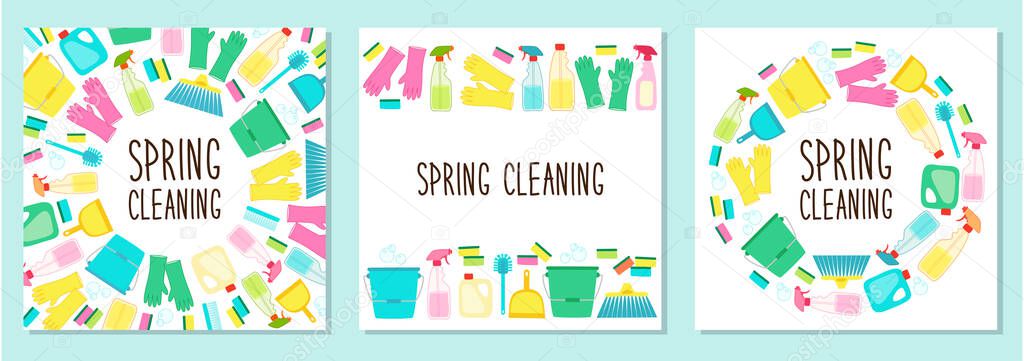 Cute set of spring cleaning utensils background in vivid eye catching colors
