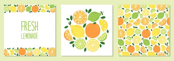 Aranyos készlet citrusfélék citrom, mész és narancs háttérrel élénk ízletes színek ideális friss limonádé — Stock Vector