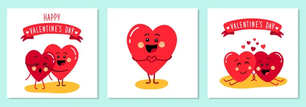 Lindo conjunto de tarjetas de San Valentín de vacaciones con divertido personaje de dibujos animados de corazones emoji — Vector de stock