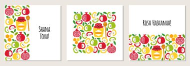 Yahudi Yeni Yıl tatili sembolleriyle dolu hoş bir karşılama arkaplanı seti Rosh Hashana, Shana Tova