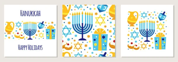 Conjunto bonito de Happy Hanukkah, Festival de luzes fundos em estilo plano — Vetor de Stock