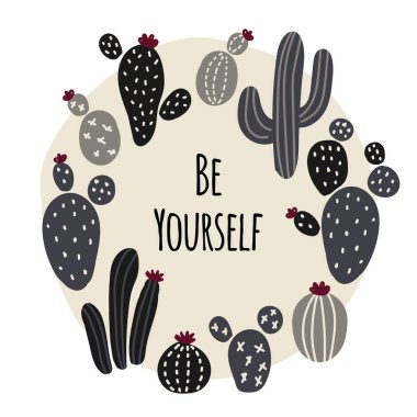 Sevimli motivasyon afişi arka planında el çizimi kaktüs İskandinav tarzı, nötr renkler botanik kartı