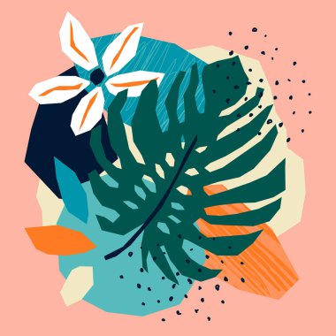 Moda kağıt, kolajı soyut çiçek unsurları ile kesti, kart düz tasarım çağdaş stil, vektör illüstrasyonu