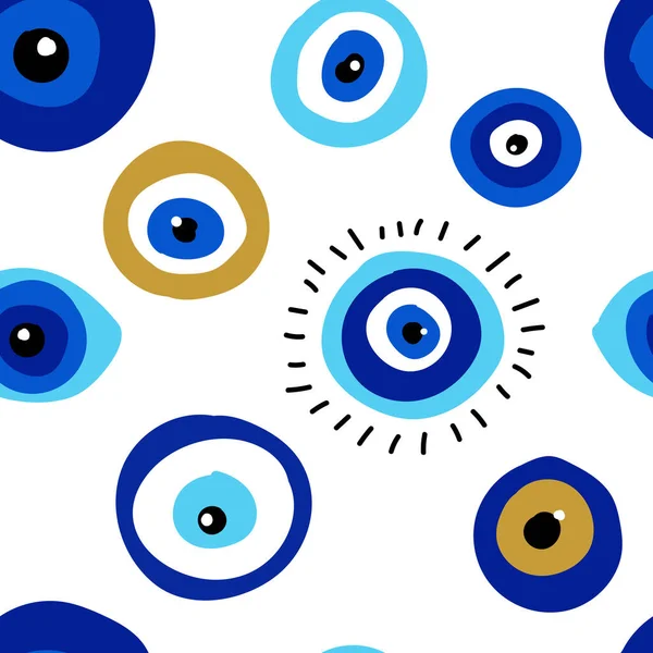Seamless pattern with evil eyes, different talismans in hand drawn flat design, contemporary modern trendy style Stock Vector