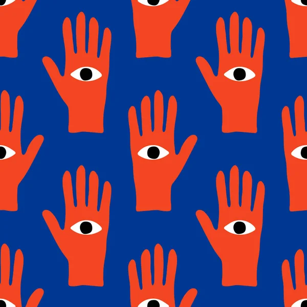 Trendiges nahtloses Muster mit von Hand gezeichneten magischen Elementen als Hand mit dem Auge — Stockvektor