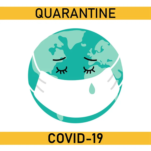 Planet Earth postać z kreskówki w masce medycznej, symbol planety koronawirusów, COVID-19 pozostać bezpieczne — Wektor stockowy