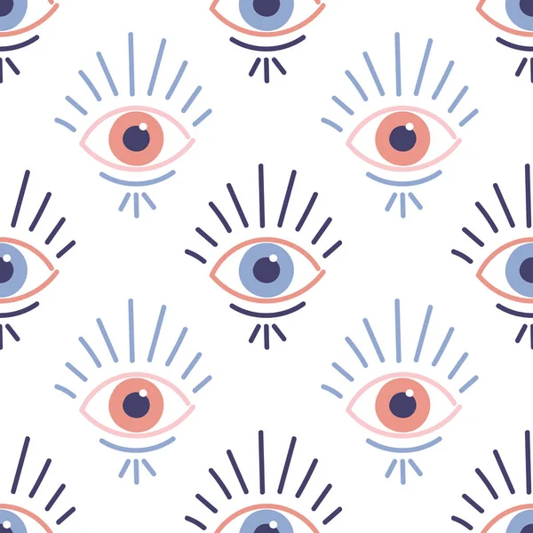Seamless pattern with evil eyes in hand drawn flat design, contemporary modern trendy style — Stock Vector