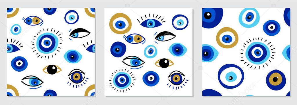 Set of various evil eyes, different talismans in hand drawn flat design, contemporary modern trendy style Stock Vector