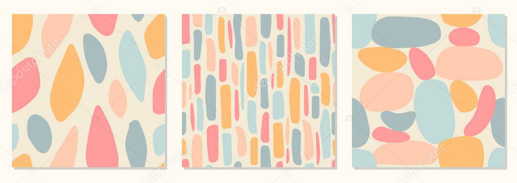 Set of seamless pattern backgrounds with abstract organic shapes, contemporary collage style, pastel colors