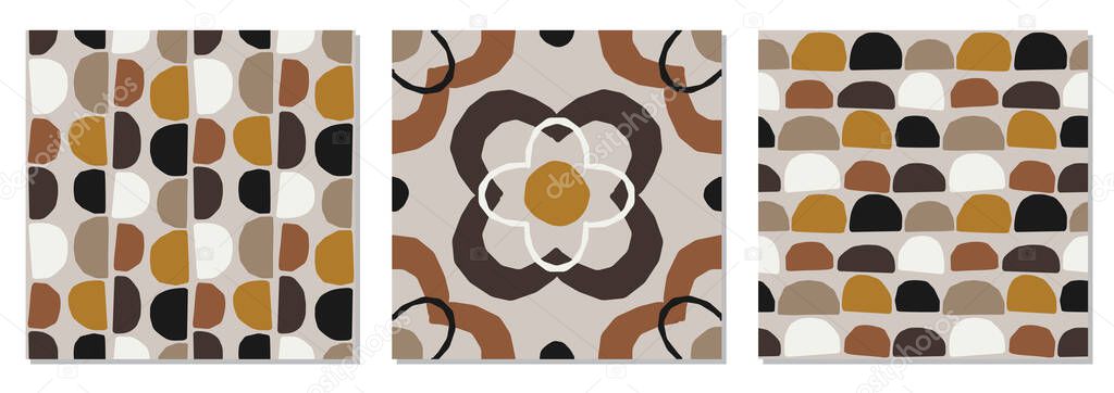 Cute set of trendy mid century modern seamless pattern with abstract organic shapes nature elements, vector illustration in simple flat style, ideal for wrapping paper, wallpaper, fabrics etc