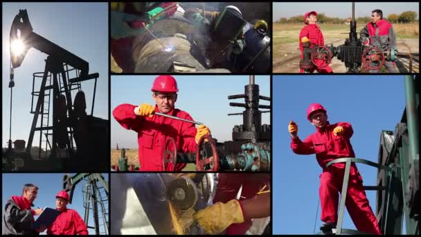 Olie Veldwerkers Olie Industrie Werknemers Actie Olie Goed Gesplitst Scherm — Stockvideo