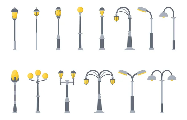 Set of street lights cartoon isolated on white background. Modern and vintage street light. Elements for landscape construction. Vector illustration for any design. — ストックベクタ