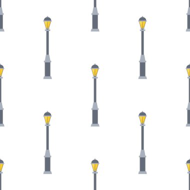 Beyaz arka planda izole edilmiş sokak lambaları çizgi filmi olan kusursuz bir desen. Modern ve klasik sokak lambası. Manzara inşaatı için elementler. Tasarım, ağ, ambalaj kağıdı için vektör illüstrasyonu.
