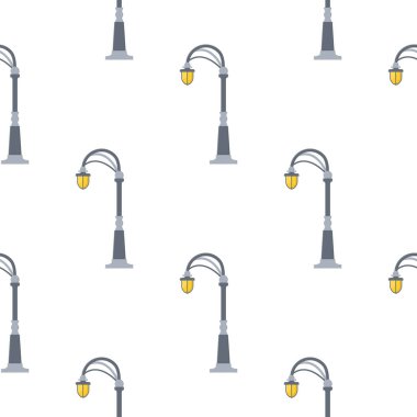 Beyaz arka planda izole edilmiş sokak lambaları çizgi filmi olan kusursuz bir desen. Modern ve klasik sokak lambası. Manzara inşaatı için elementler. Tasarım, ağ, ambalaj kağıdı için vektör illüstrasyonu.