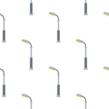 Beyaz arka planda izole edilmiş sokak lambaları çizgi filmi olan kusursuz bir desen. Modern ve klasik sokak lambası. Manzara inşaatı için elementler. Tasarım, ağ, ambalaj kağıdı için vektör illüstrasyonu.