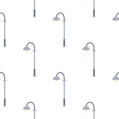 Beyaz arka planda izole edilmiş sokak lambaları çizgi filmi olan kusursuz bir desen. Modern ve klasik sokak lambası. Manzara inşaatı için elementler. Tasarım, ağ, ambalaj kağıdı için vektör illüstrasyonu.