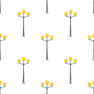 Beyaz arka planda izole edilmiş sokak lambaları çizgi filmi olan kusursuz bir desen. Modern ve klasik sokak lambası. Manzara inşaatı için elementler. Tasarım, ağ, ambalaj kağıdı için vektör illüstrasyonu.