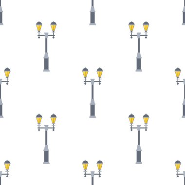 Beyaz arka planda izole edilmiş sokak lambaları çizgi filmi olan kusursuz bir desen. Modern ve klasik sokak lambası. Manzara inşaatı için elementler. Tasarım, ağ, ambalaj kağıdı için vektör illüstrasyonu.