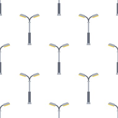 Beyaz arka planda izole edilmiş sokak lambaları çizgi filmi olan kusursuz bir desen. Modern ve klasik sokak lambası. Manzara inşaatı için elementler. Tasarım, ağ, ambalaj kağıdı için vektör illüstrasyonu.