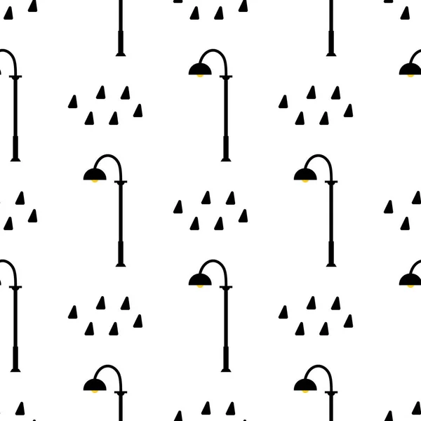 Seamless pattern with street light black silhouettes isolated on white background. Modern and vintage street lights. Elements for landscape construction. Vector illustration for design, wrapping paper — 스톡 벡터