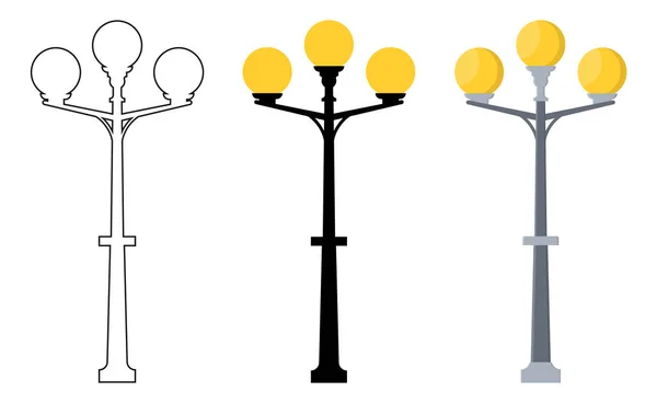 Outline, black silhouette, cartoon streen lights set isolated on white background. Vintage street lights. Elements for landscape construction. Vector illustration for any design. — ストックベクタ