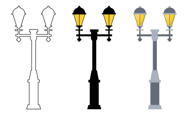 Outline, black silhouette, cartoon streen lights set isolated on white background. Vintage street lights. Elements for landscape construction. Vector illustration for any design.
