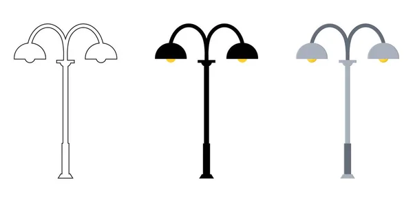 Outline, black silhouette, cartoon streen lights set isolated on white background. Vintage street lights. Elements for landscape construction. Vector illustration for any design. — ストックベクタ