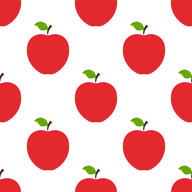 Beyaz arka planda kırmızı elmalar olan kusursuz bir desen. Organik meyve. Düz stil. Tasarım, ağ, ambalaj kağıdı, kumaş, duvar kağıdı için vektör illüstrasyonu.