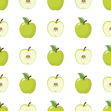 Kusursuz desenli, yeşil bir bütün ve beyaz arka planda yarım elmalı. Organik meyve. Çizgi film tarzı. Tasarım, ağ, ambalaj kağıdı, kumaş, duvar kağıdı için vektör illüstrasyonu.