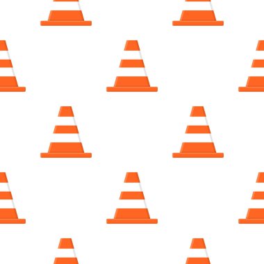 Beyaz arka planda izole edilmiş trafik konileri olan kusursuz desen. Çizgi film tarzı. Tasarım, ağ, ambalaj kağıdı, kumaş, duvar kağıdı için vektör illüstrasyonu.