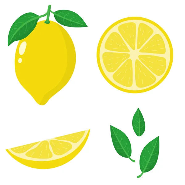 Set Fresh Whole Half Cut Slice Leaves Lemon Fruit Isolated — Stock Vector