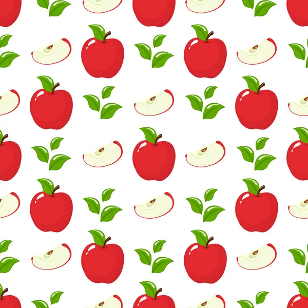 Seamless Pattern Red Whole Slice Apples Leaves White Background Organic — Stock Vector