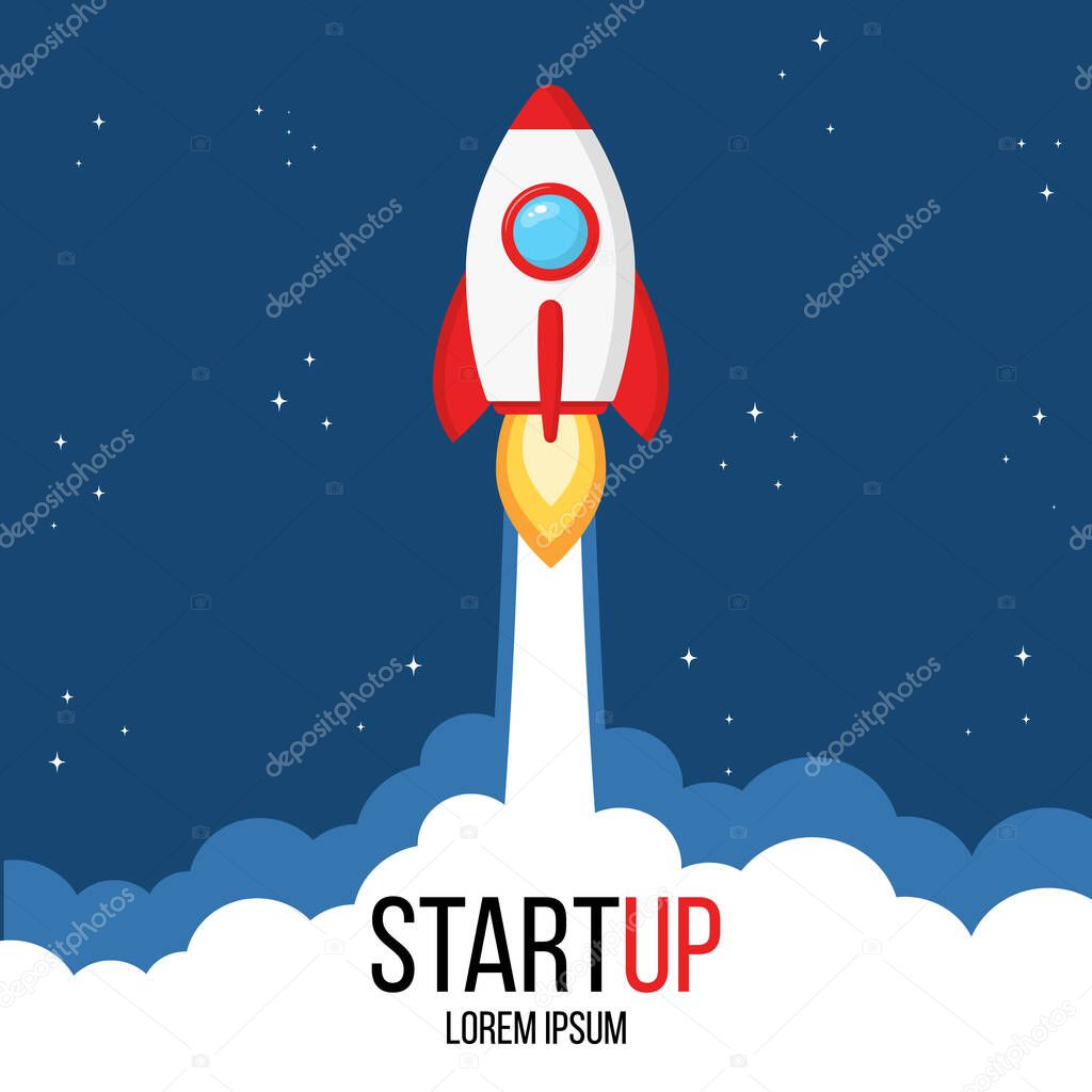 Business startup concept for web page, banner, presentation, social media. Rocket launch and smoke. Startup project concept. Vector illustration for any design.