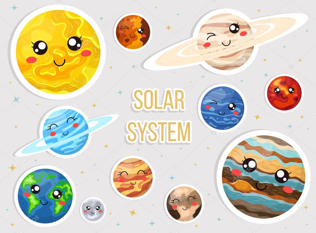 Solar system with cute cartoon planets. Cute planets with funny faces sticker set. Vecrtor illustration for any design.