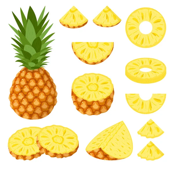 Beyaz arka planda izole edilmiş taze, yarım dilimlenmiş ananas meyveleri seti. Sağlıklı yaşam için yaz meyveleri. Organik meyve. Çizgi film tarzı. Herhangi bir tasarım için vektör illüstrasyonu.
