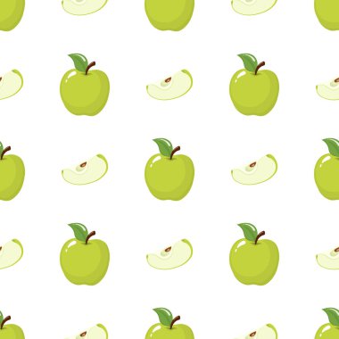 Yeşil bir bütün ve beyaz arka planda elmaları dilimleyen pürüzsüz bir desen. Organik meyve. Çizgi film tarzı. Tasarım, ağ, ambalaj kağıdı, kumaş, duvar kağıdı için vektör illüstrasyonu.