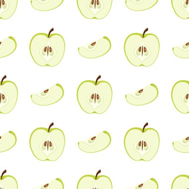 Yeşil yarısı ve beyaz arka planda elmaları dilimleyen pürüzsüz bir desen. Organik meyve. Çizgi film tarzı. Tasarım, ağ, ambalaj kağıdı, kumaş, duvar kağıdı için vektör illüstrasyonu.