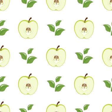 Yeşil yarı elmalı ve beyaz arkaplanda yaprakları olan pürüzsüz bir desen. Organik meyve. Çizgi film tarzı. Tasarım, ağ, ambalaj kağıdı, kumaş, duvar kağıdı için vektör illüstrasyonu.