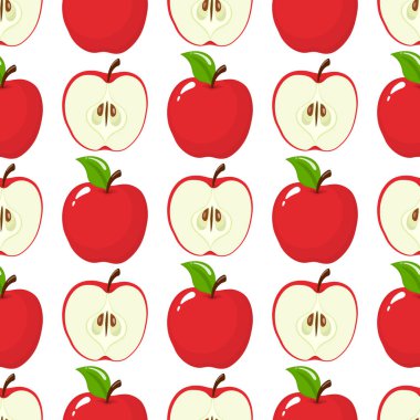 Kusursuz desenli, kırmızı bir bütün ve beyaz arka planda yarım elma. Organik meyve. Çizgi film tarzı. Tasarım, ağ, ambalaj kağıdı, kumaş, duvar kağıdı için vektör illüstrasyonu.